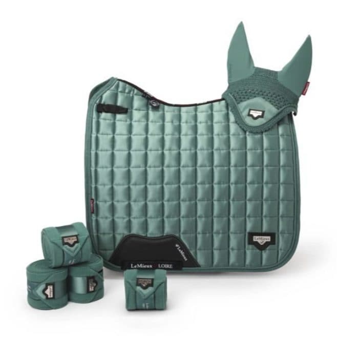 Lemieux Loire Sage Satin Dressage Saddle Pad, Bandages and Bonnet - New w Tags Attached