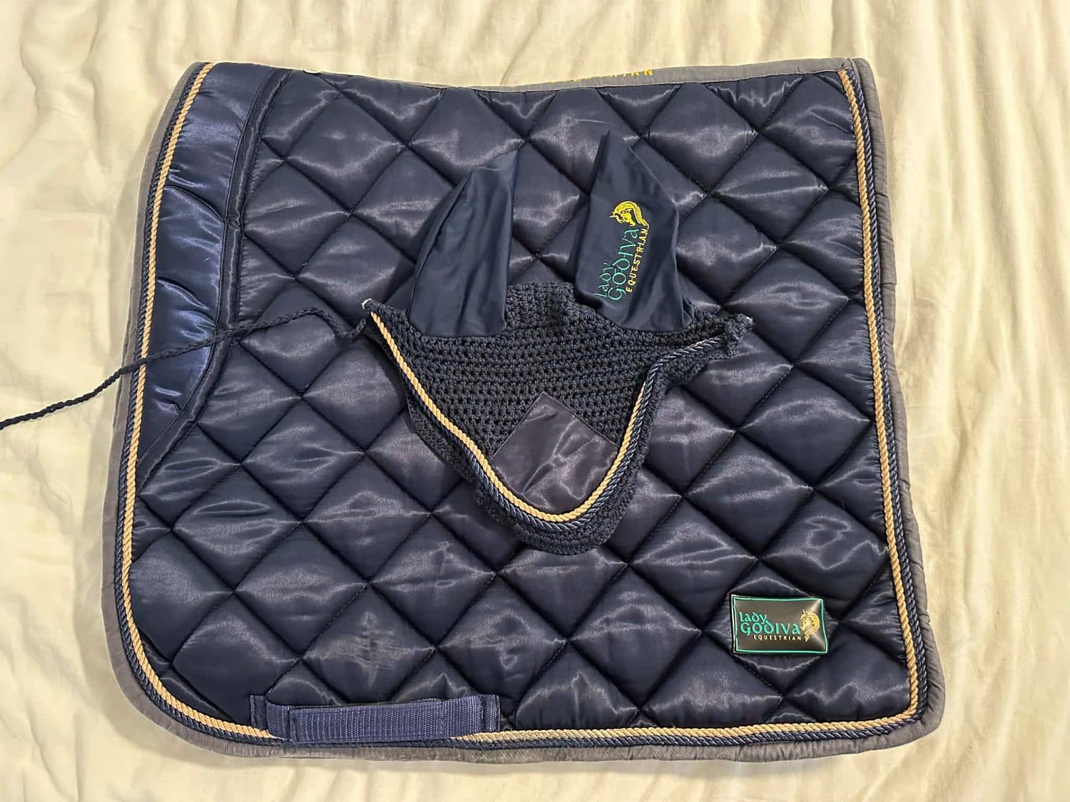 Lady Godiva Equestrian Navy Satin Dressage Saddle Pad and matching Bonnet